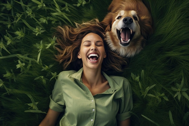 Mujer riendo con perro en la hierba verano de la naturaleza genera Ai