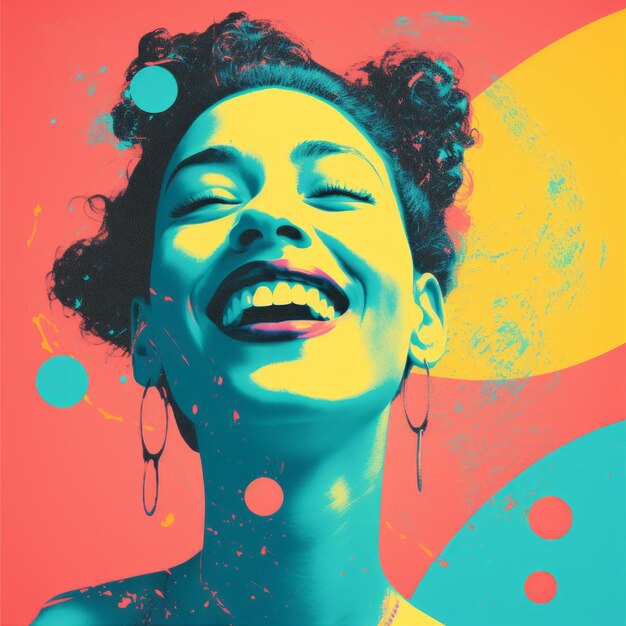 Foto una mujer riendo con puntos de colores en la cara