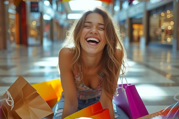 Mujer riendo rodeada de bolsas de compras en el centro comercial