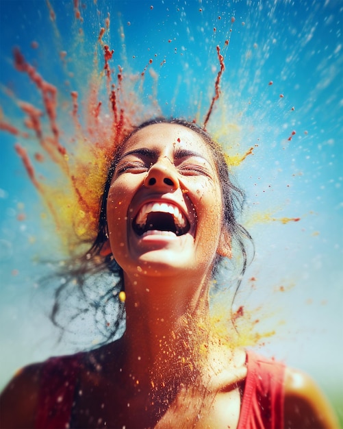 Foto mujer riendo en salpicaduras coloridas generadas por ia