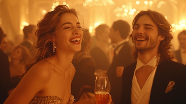 Mujer riendo en un vestido dorado en una fiesta con un hombre en un esmoquin