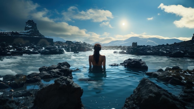 Mujer en el río de hielo nadar vista de atrás