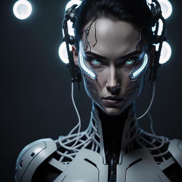 Mujer robot Android con cara blanca y lámparas en los ojos
