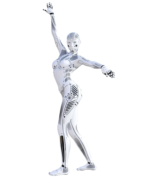 Mujer robot de baile Droide de metal Inteligencia artificial Arte conceptual de la moda Ilustración de renderizado 3D realista Studio aislar clave alta