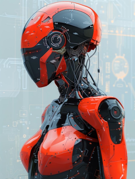 mujer robot bionic android rojo y blanco estilo cyberpunk futuro inteligencia artificial