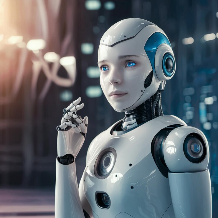 Una mujer en un robot blanco con ojos azules mira a la cámara