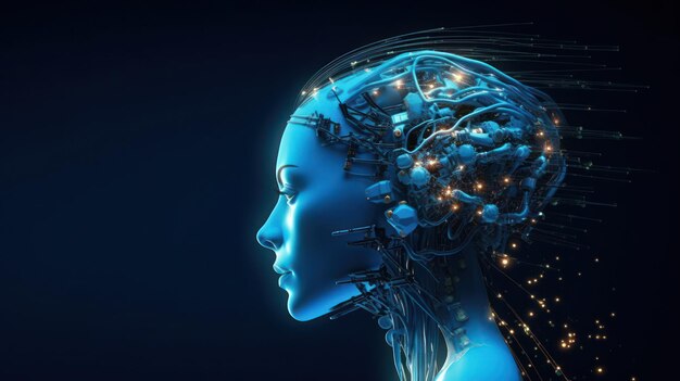 Mujer robot con cerebro de tecnología digital concepto futuro