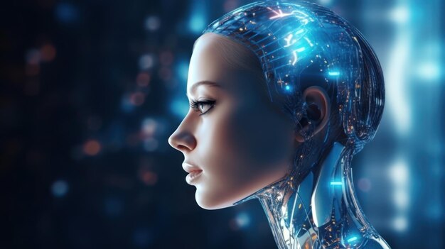 Foto mujer robot con cerebro de tecnología digital concepto futuro