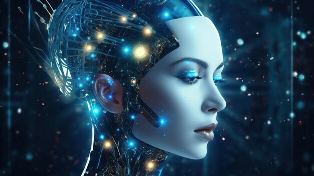 Foto mujer robot con cerebro de tecnología digital concepto futuro