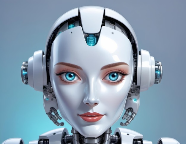 Mujer robot escuchando música con ojos azules y auriculares