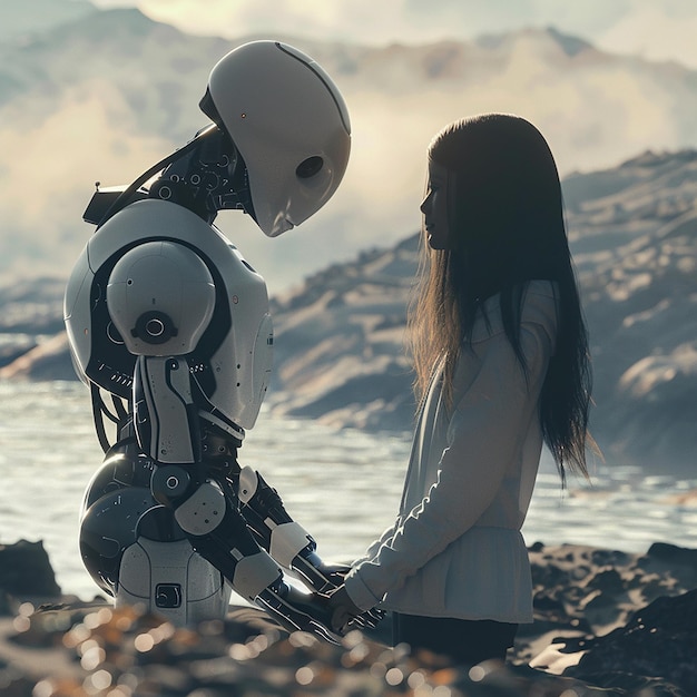 una mujer y un robot están de pie en una playa rocosa