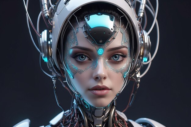 Mujer robot futurista con cables por todas partes