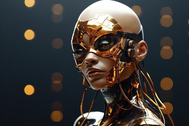 Mujer robot futurista con casco dorado real de cerca