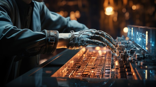 Mujer robot humana tocando y trabajando en el teclado de la computadora