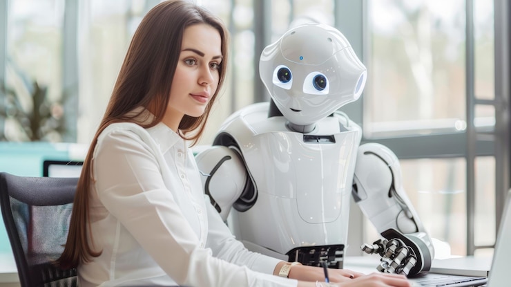 Foto mujer y robot de ia trabajando juntos en el concepto de automatización y tecnología de oficina