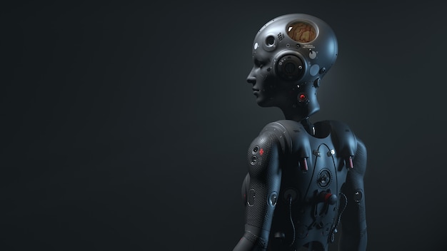 Mujer robot, mujer de ciencia ficción, mundo digital del futuro de las redes neuronales y la inteligencia artificial 3D Render