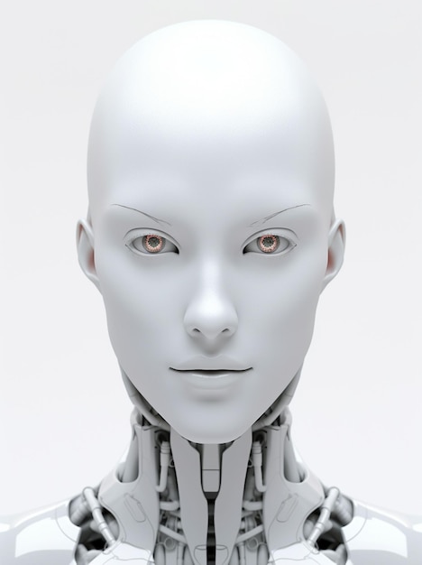 Una mujer robot con ojos azules y un tocado blanco