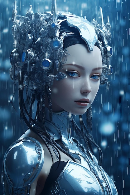 Una mujer con un robot plateado bajo la lluvia.