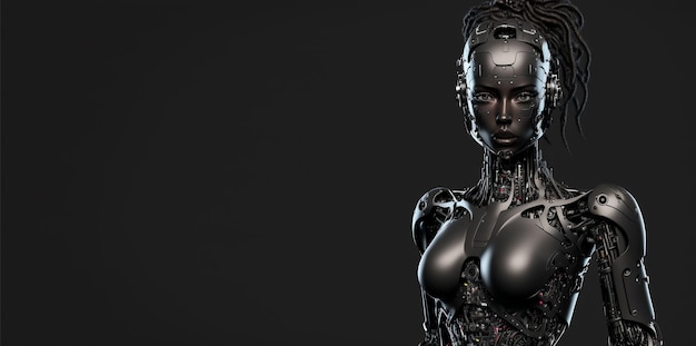 Mujer robot sobre fondo negro Creado con tecnología generativa Ai