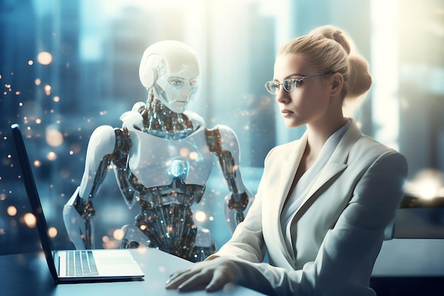 Foto una mujer y un robot trabajan en una oficina con una computadora portátil
