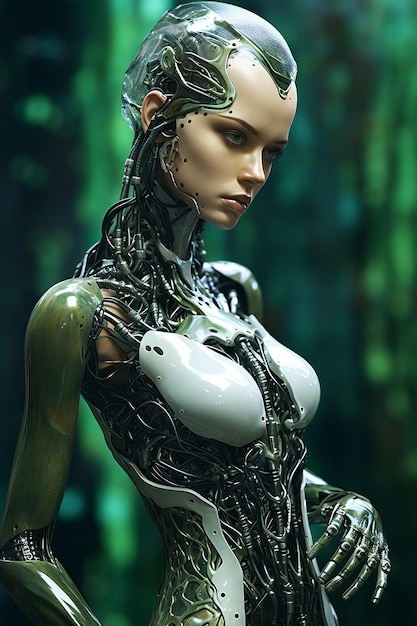 Una mujer con un robot verde al fondo.