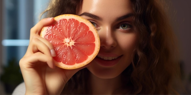 mujer con rodaja de pomelo