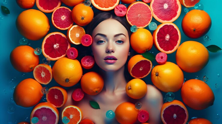 Una mujer rodeada de fruta que está rodeada de otras frutas.