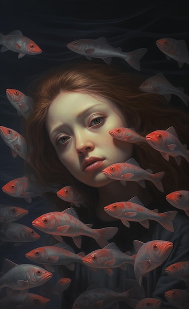 Foto mujer rodeada de peces habitación porcelana piel roja persecución profunda pelirroja joven ilustraciones de cuentos de hadas