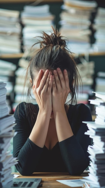 Foto mujer rodeada de pilas de papel en el escritorio