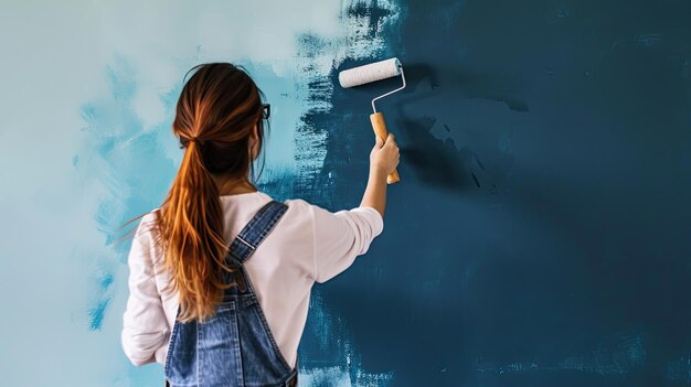 Mujer con un rodillo de pintura Proyecto de renovación diseño de interiores esfuerzo de bricolaje empoderamiento femenino expresión artística colorida vibrante mejora del hogar generada por IA