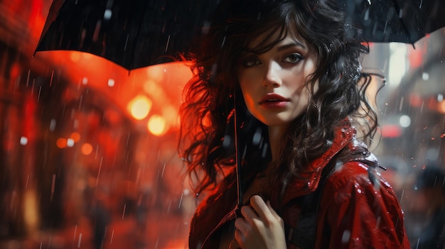 mujer de rojo bajo la lluvia