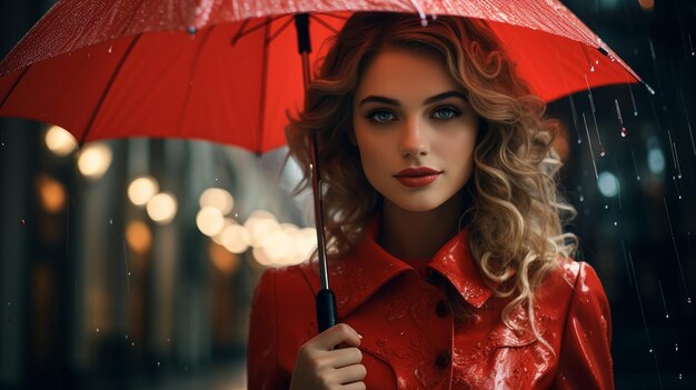 mujer de rojo bajo la lluvia