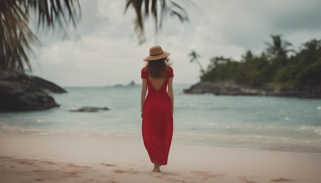 La mujer de rojo en una playa tropical