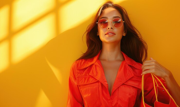 Mujer de rojo posa junto a una pared amarilla soleada