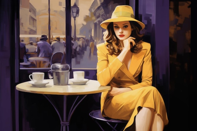 Mujer con ropa amarilla y sombrero en un café parisiense púrpura