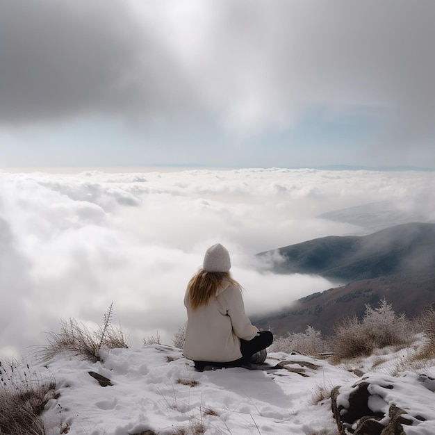 Mujer con ropa blanca medita en la cima de una alta montaña por encima de las nubes filosófica