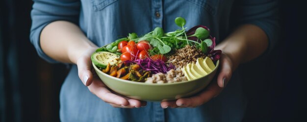 Foto mujer con ropa casual sostiene un súper tazón vegano con hummus, verduras, ensalada, frijoles, cuscús, aguacate y batido, ideal para la cena o el almuerzo.