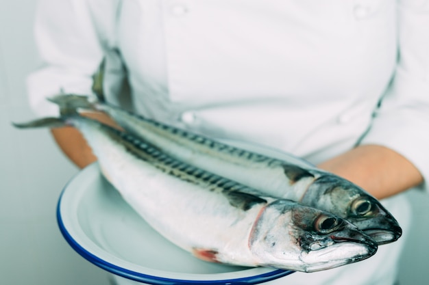 Mujer en ropa de chef mostrando un plato con pescado fresco. Concepto de cocina. Caballa fresca en un plato blanco.
