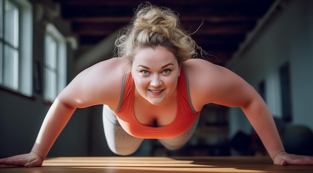 Mujer en ropa de ejercicio de yoga haciendo flexiones