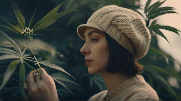 Foto mujer con ropa de época y gorra rodeada de plantas de flores de cannabis