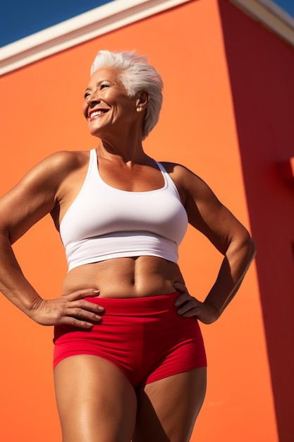 Mujer con ropa de fitness disfrutando de ejercitar su cuerpo