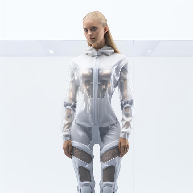 Foto mujer con ropa del futuro sobre un fondo blanco