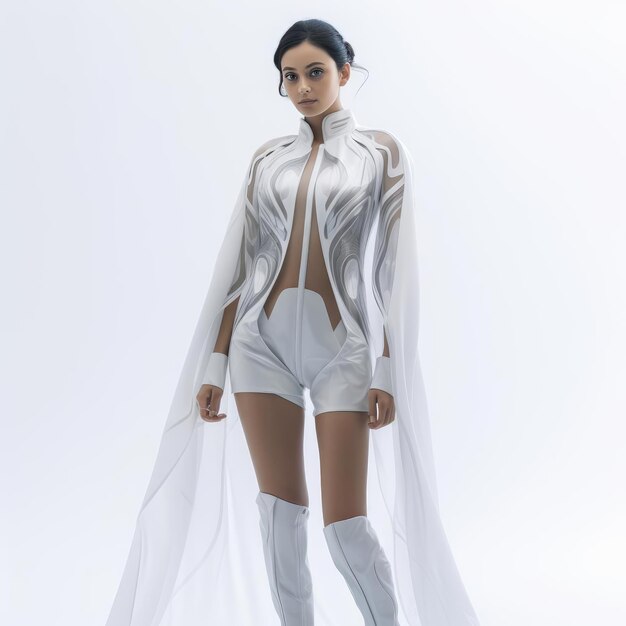 Mujer con ropa del futuro sobre un fondo blanco
