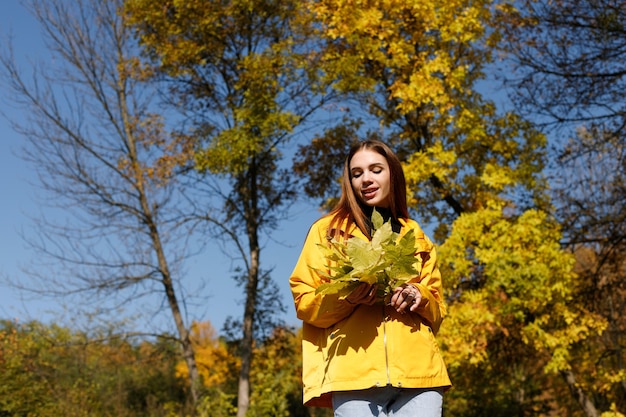 Una mujer en ropa de otoño en un día brillante con hojas amarillas sobre un fondo de otoño. espacio libre para texto