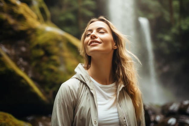 Una mujer con ropa de senderismo se embarca en un feliz viaje con una cascada natural en el bosque La joven se siente relajada y respira profundamente en el aire natural fresco