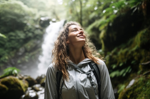 Una mujer con ropa de senderismo se embarca en un feliz viaje con una cascada natural en el bosque La joven se siente relajada y respira profundamente en el aire natural fresco