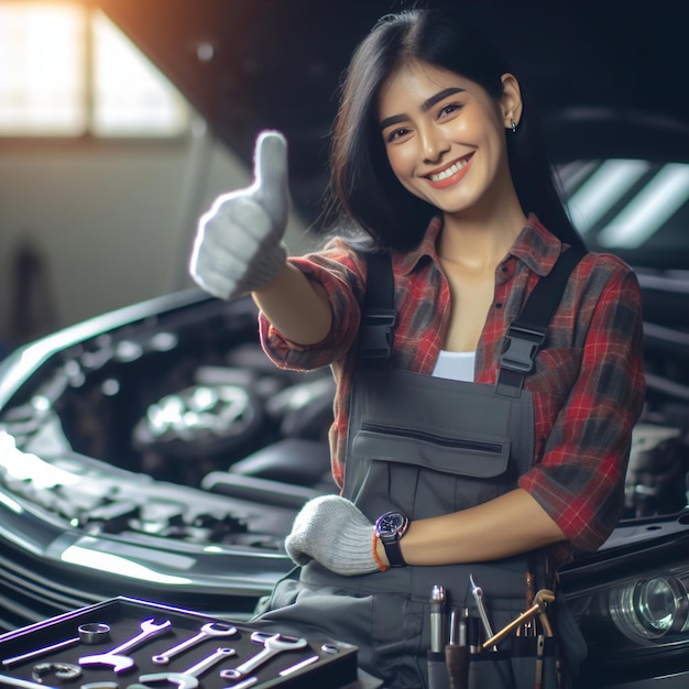 Mujer con ropa de taller y sonriente pulgar hacia arriba