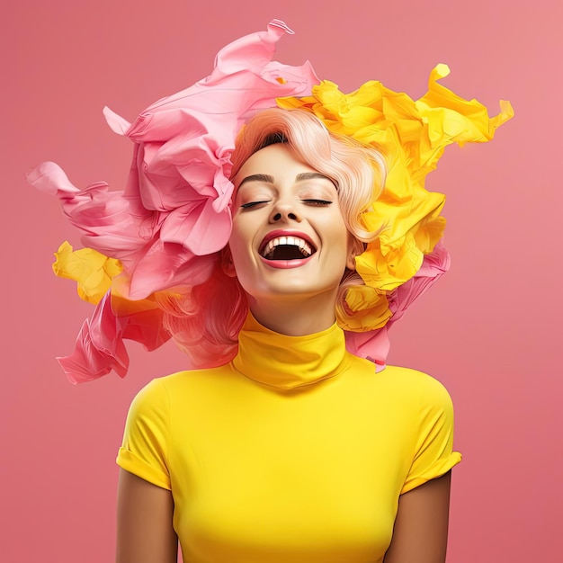 mujer rosa y amarilla con una cara sonriente al estilo de un uso lúdico del espacio negativo