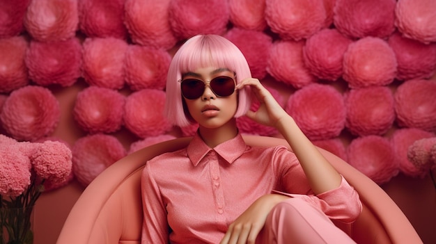 Una mujer de rosa con cabello rosado con gafas de sol.