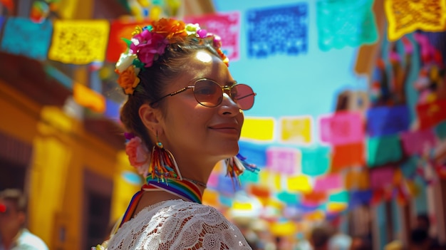 Mujer con rosa rosada en el cabello Chico De Mayo